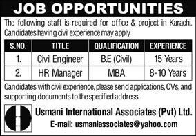 Civil Engineer And HR Manager Jobs in Karachi March 2024 Sindh Latest