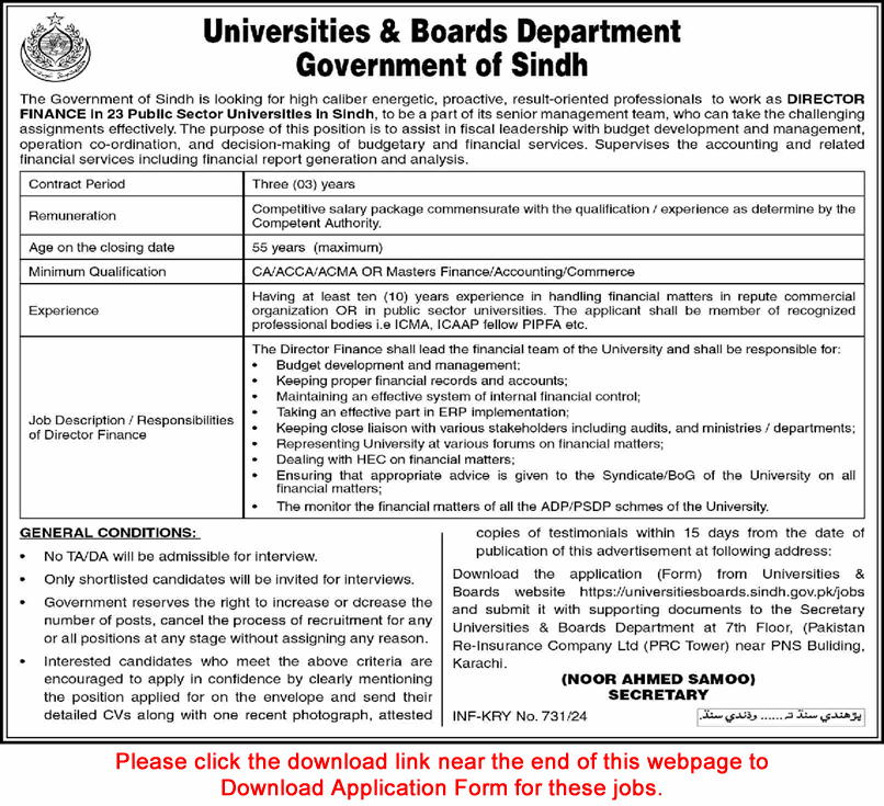 Universities and Boards Department Sindh Director Finance Jobs  March 2024 Application Form Latest