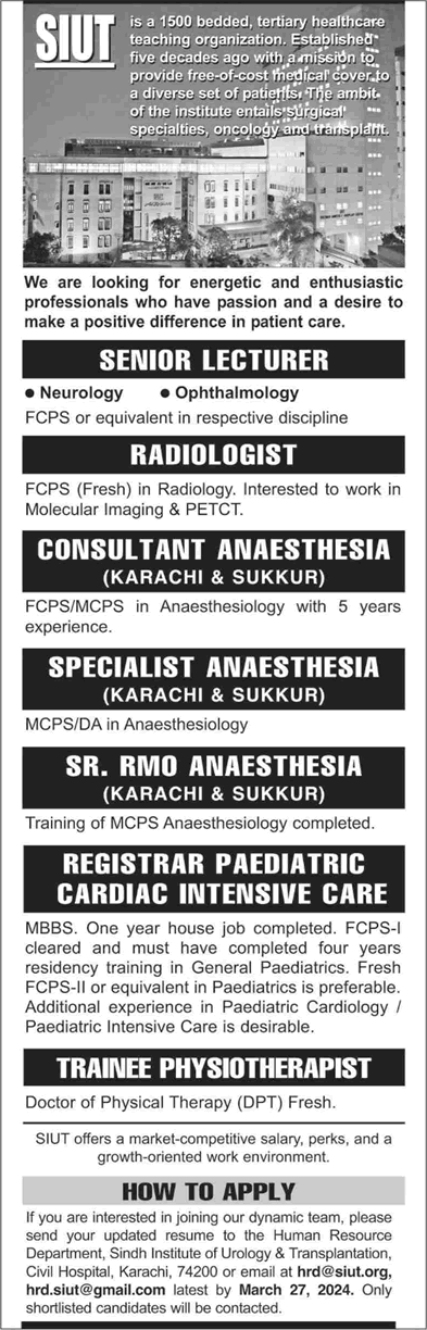 Sindh Institute of Urology and Transplatation latest SIUT Hospital Karachi Jobs March 2024